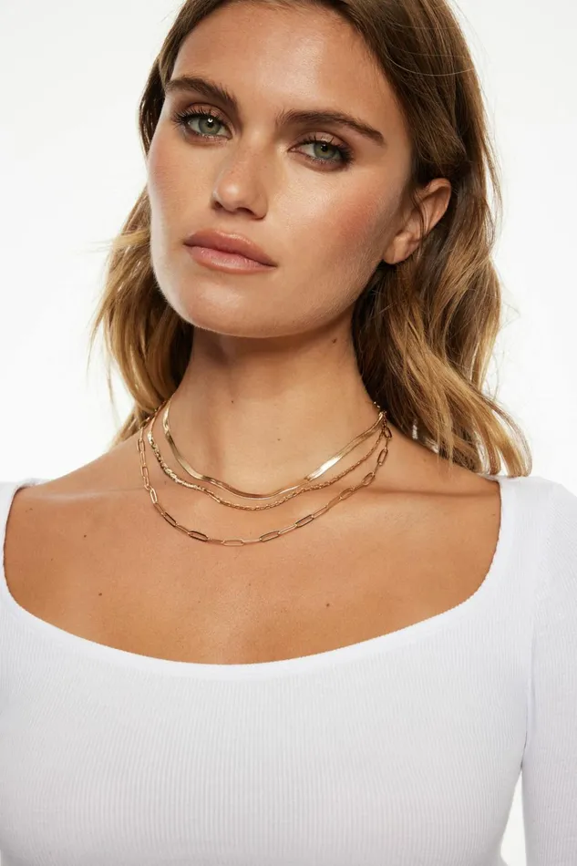 Dynamite Necklaces Women Layered Paperclip Snake and Flat Chain Necklace Yellow