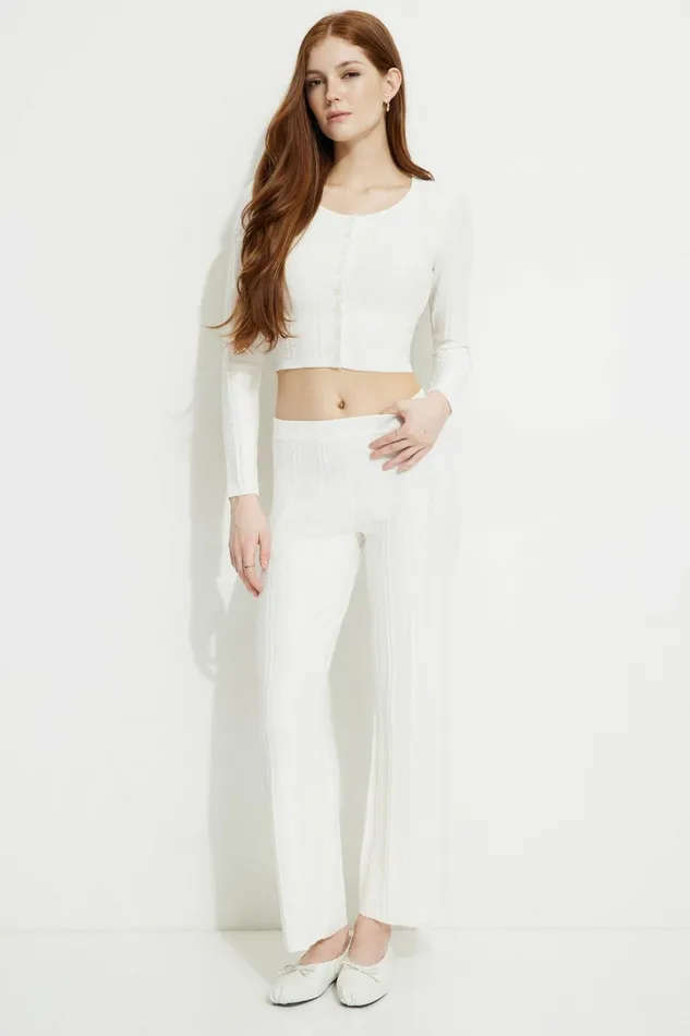 Dynamite Pants Women Cable Knit Flared Pants Beige