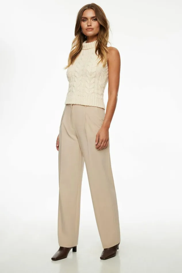 Dynamite Pants Women Sofia Pleated Straight Leg Pants Beige