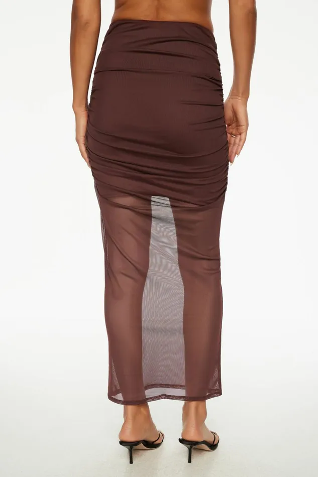 Dynamite Skirts and Skorts Women Ruched Mesh Maxi Skirt Burgundy