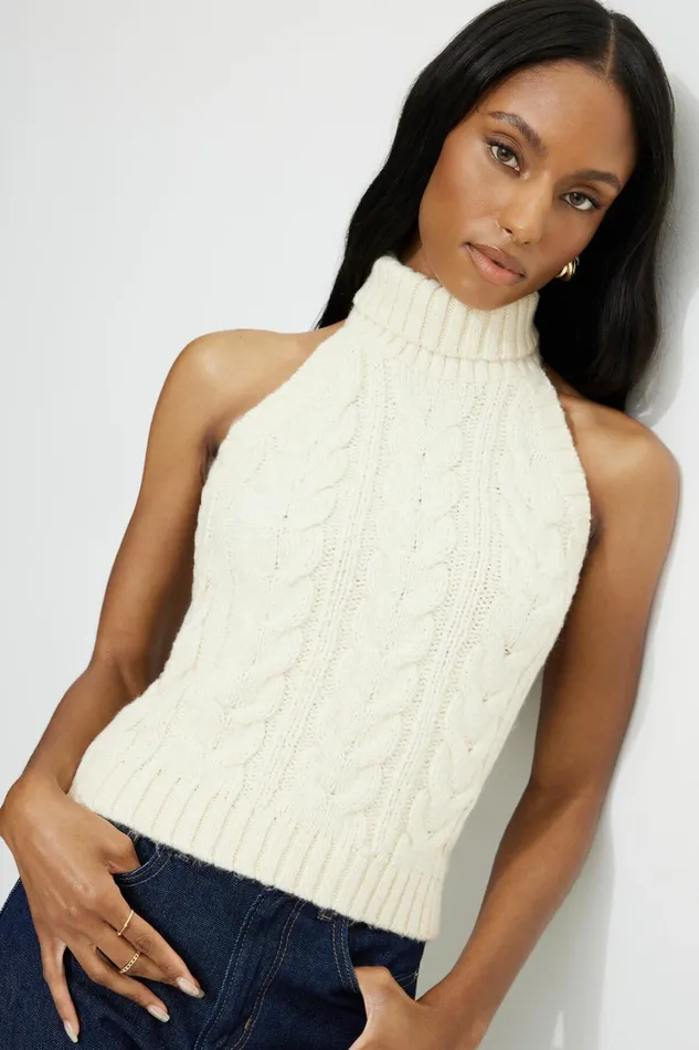 Dynamite Sweaters and Cardigans Women Cable Knit Halter Top Beige