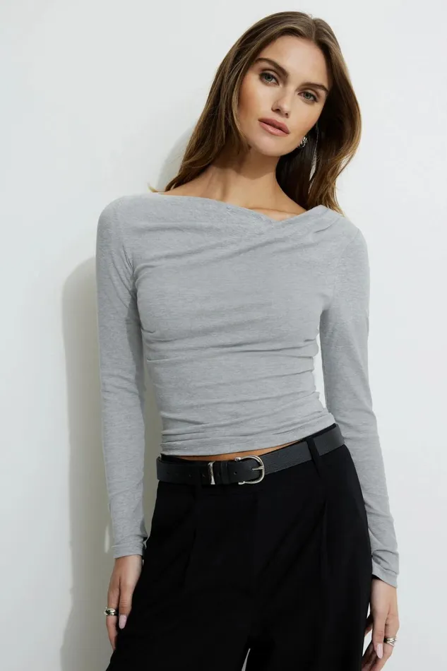 Dynamite Tops Women Draped Long Sleeve TShirt Gray