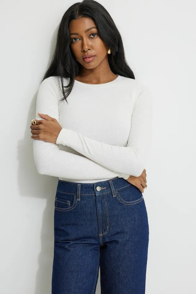 Dynamite Tops Women Tedi Ribbed Long Sleeve T Shirt White