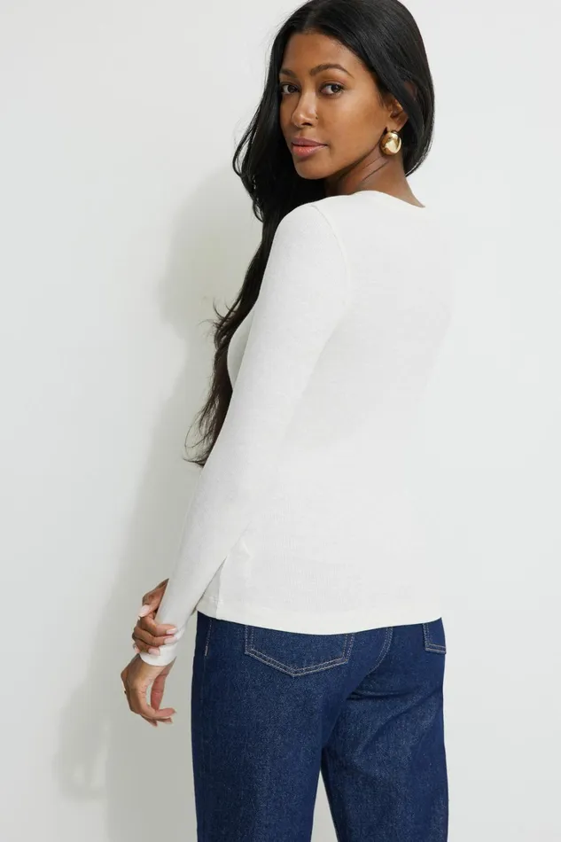 Dynamite Tops Women Tedi Ribbed Long Sleeve T Shirt White