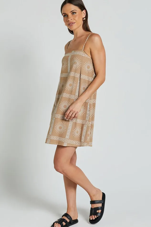 Elia Mini Dress 8211 Straight Neck Sleeveless Slip Dress In TanWhite Women Showpo Conscious