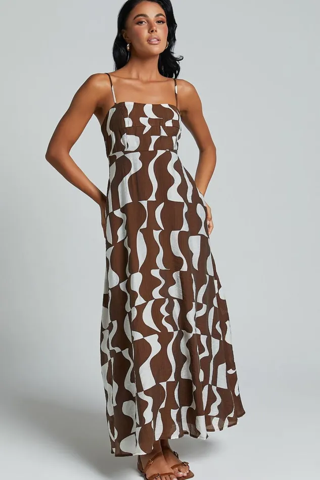 Elisabetta Midi Dress 8211 Empire Waist A Line Dress In Chocolate Mono Wave Women Showpo Maternity Clothes