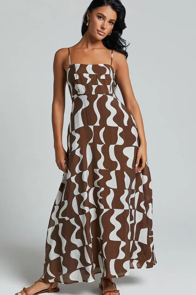Elisabetta Midi Dress 8211 Empire Waist A Line Dress In Chocolate Mono Wave Women Showpo Maternity Clothes
