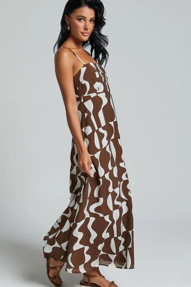 Elisabetta Midi Dress 8211 Empire Waist A Line Dress In Chocolate Mono Wave Women Showpo Maternity Clothes