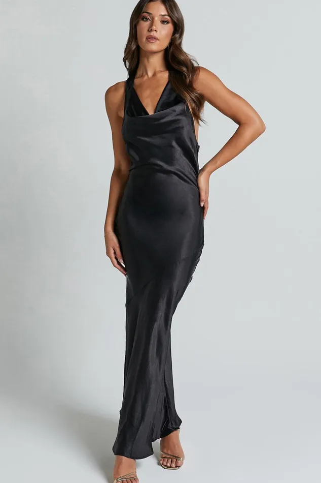 Elise Midi Dress 8211 Cowl Neck Satin Dress In Black Women Showpo Dresses