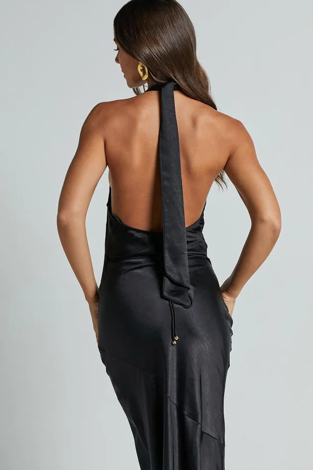 Elise Midi Dress 8211 Cowl Neck Satin Dress In Black Women Showpo Dresses
