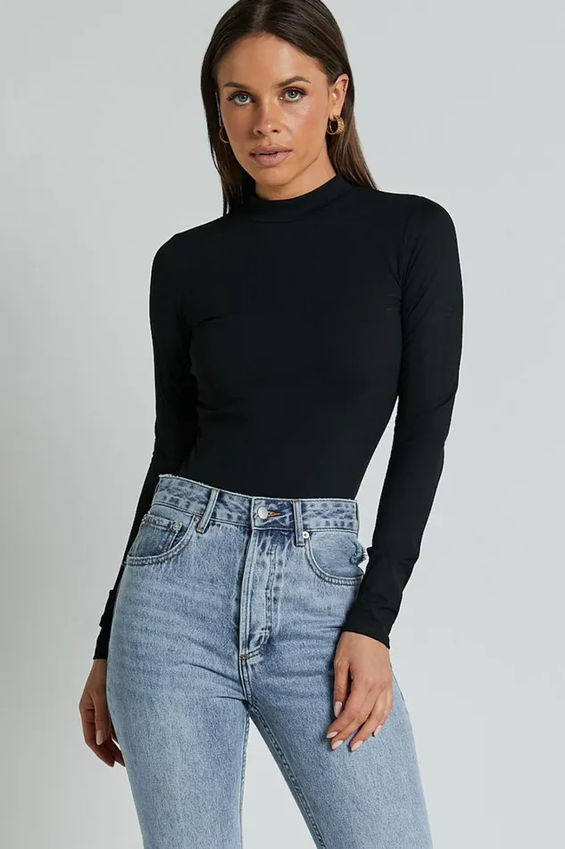 Elmira Bodysuit 8211 Long Sleeve High Neck Bodysuit In Black Women Showpo Basics