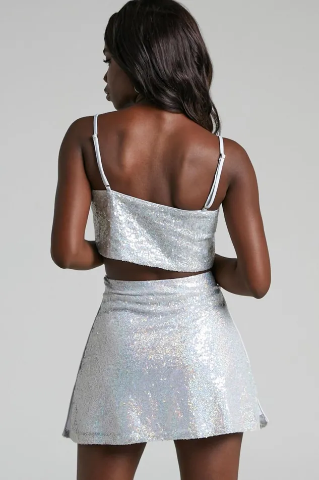 Elswyth Mini Skirt 8211 Side Split Sequin Skirt In Silver Women Showpo Skirts