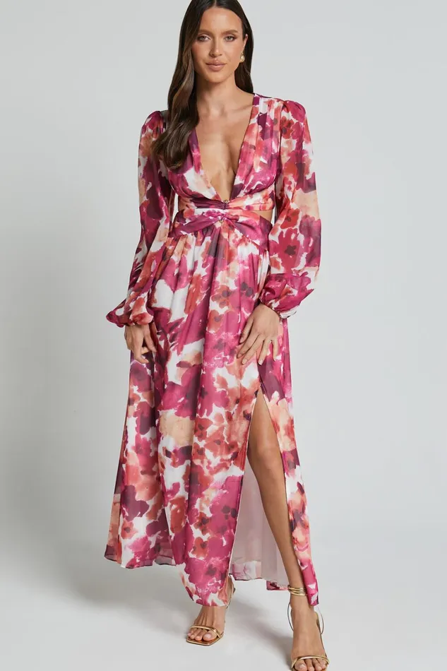 Emilee Midi Dress 8211 Side Cut Out Long Sleeve Plunge Dress In Purple Floral Women Showpo Dresses Emilee Midi Dress 8211 Side Cut Out Long Sleeve Plunge Dress In Purple Floral Women Showpo Dresses