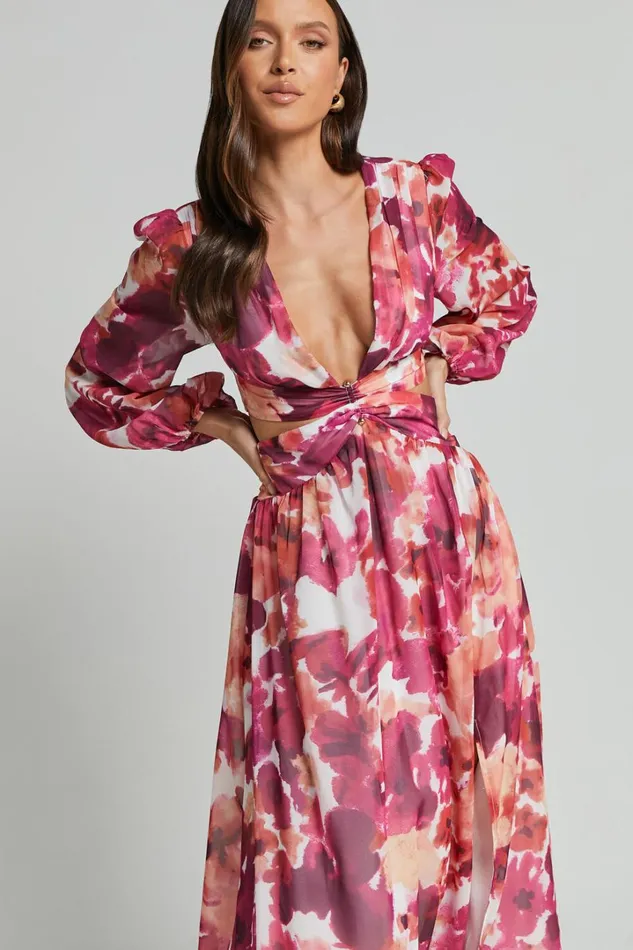 Emilee Midi Dress 8211 Side Cut Out Long Sleeve Plunge Dress In Purple Floral Women Showpo Dresses