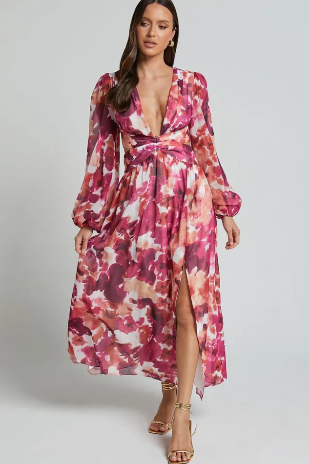 Emilee Midi Dress 8211 Side Cut Out Long Sleeve Plunge Dress In Purple Floral Women Showpo Dresses