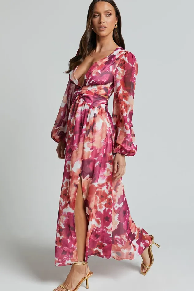 Emilee Midi Dress 8211 Side Cut Out Long Sleeve Plunge Dress In Purple Floral Women Showpo Dresses