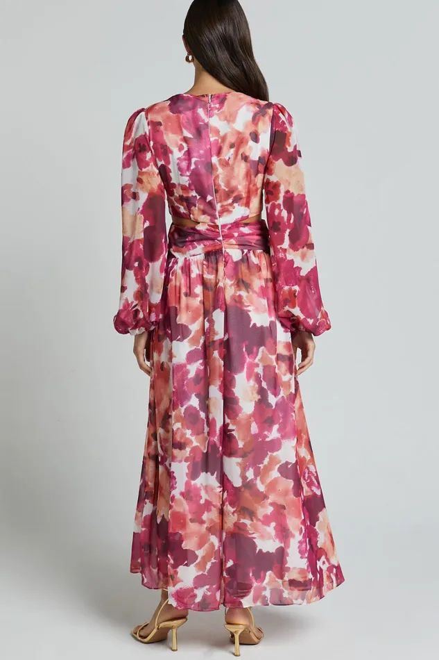 Emilee Midi Dress 8211 Side Cut Out Long Sleeve Plunge Dress In Purple Floral Women Showpo Dresses