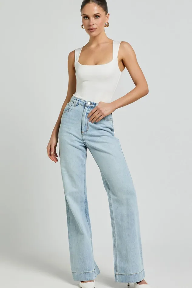 Emman Jeans 8211 High Waisted Cotton Wide Leg Denim Jeans In Sunday Blue Women Showpo Denim