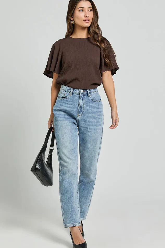 Enzo Top 8211 Flutter Sleeve Scoop Neck Top In Dark Oak Women Showpo Tops