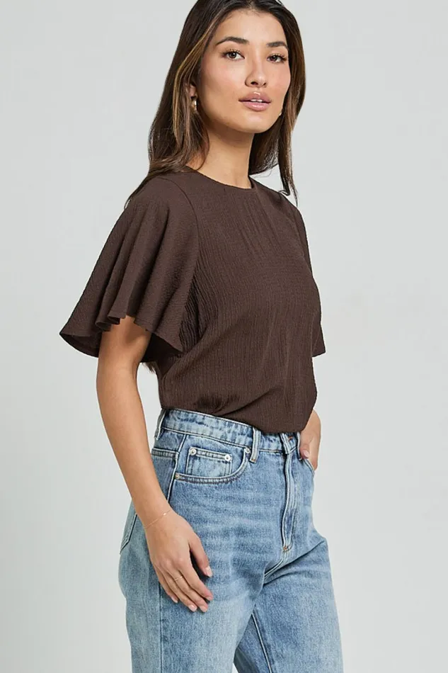 Enzo Top 8211 Flutter Sleeve Scoop Neck Top In Dark Oak Women Showpo Tops