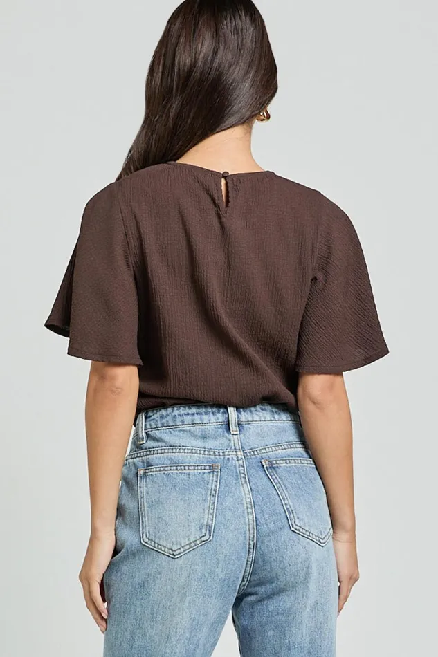 Enzo Top 8211 Flutter Sleeve Scoop Neck Top In Dark Oak Women Showpo Tops
