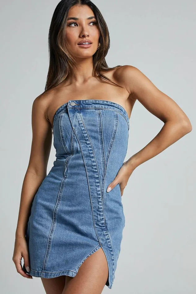 Erline Mini Dress 8211 Asymmetric Strapless Denim Dress In Blue Wash Women Showpo Curve Clothes Erline Mini Dress 8211 Asymmetric Strapless Denim Dress In Blue Wash Women Showpo Curve Clothes