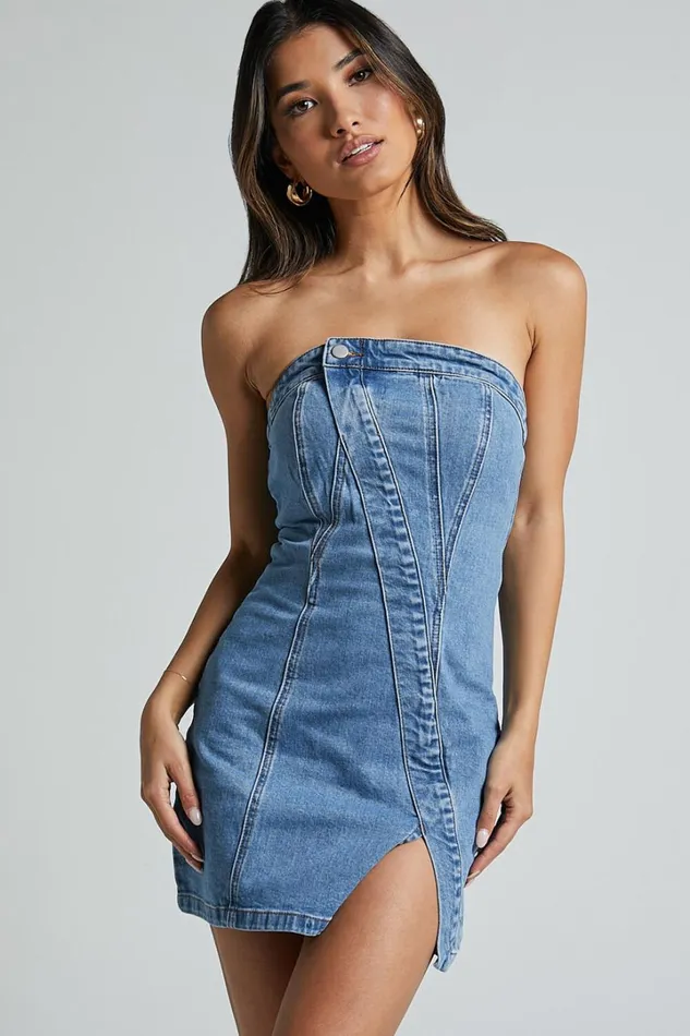Erline Mini Dress 8211 Asymmetric Strapless Denim Dress In Blue Wash Women Showpo Curve Clothes