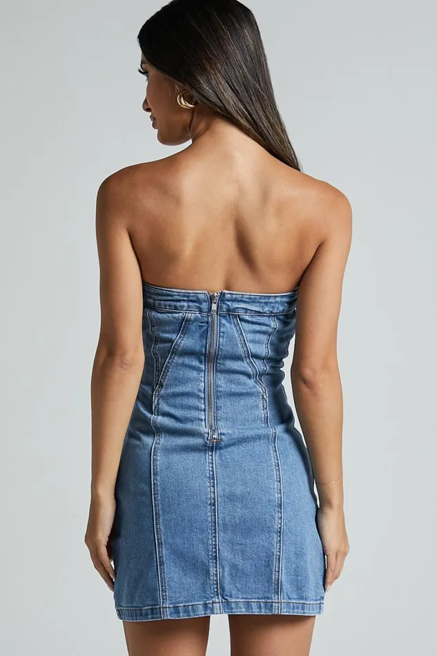 Erline Mini Dress 8211 Asymmetric Strapless Denim Dress In Blue Wash Women Showpo Curve Clothes
