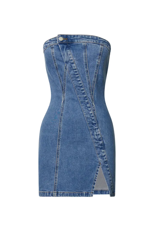 Erline Mini Dress 8211 Asymmetric Strapless Denim Dress In Blue Wash Women Showpo Curve Clothes