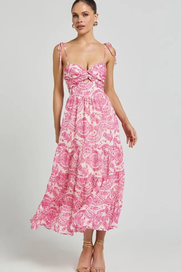 Esmeralda Midi Dress 8211 Strappy Cut Out Tiered Dress In Pink Floral Women Showpo Dresses