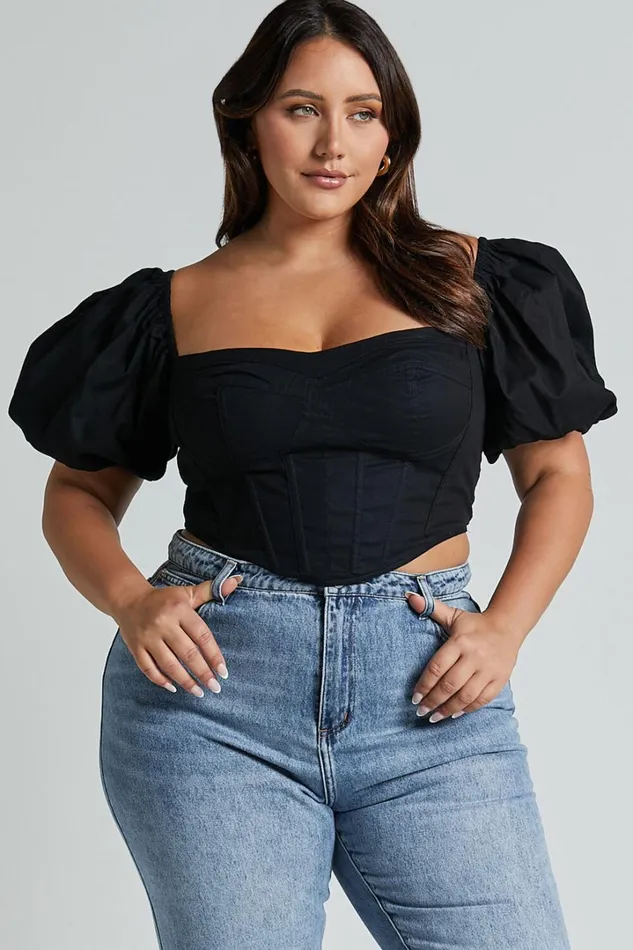 Estella Top 8211 Puff Sleeve Corset Bustier Top In Black Women Showpo Curve Clothes