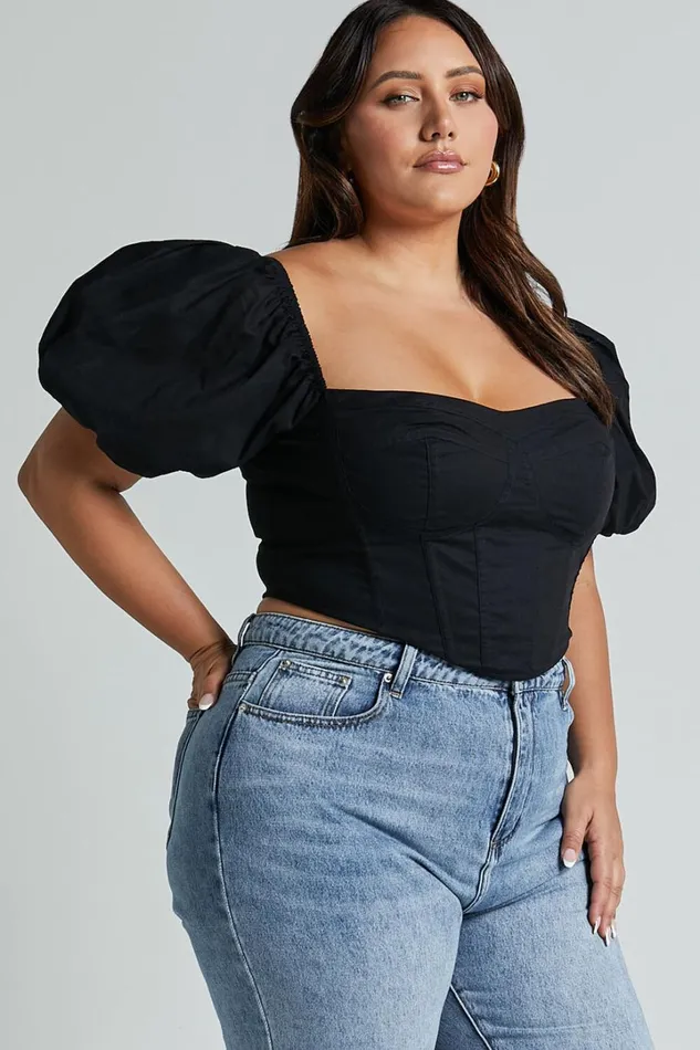 Estella Top 8211 Puff Sleeve Corset Bustier Top In Black Women Showpo Curve Clothes