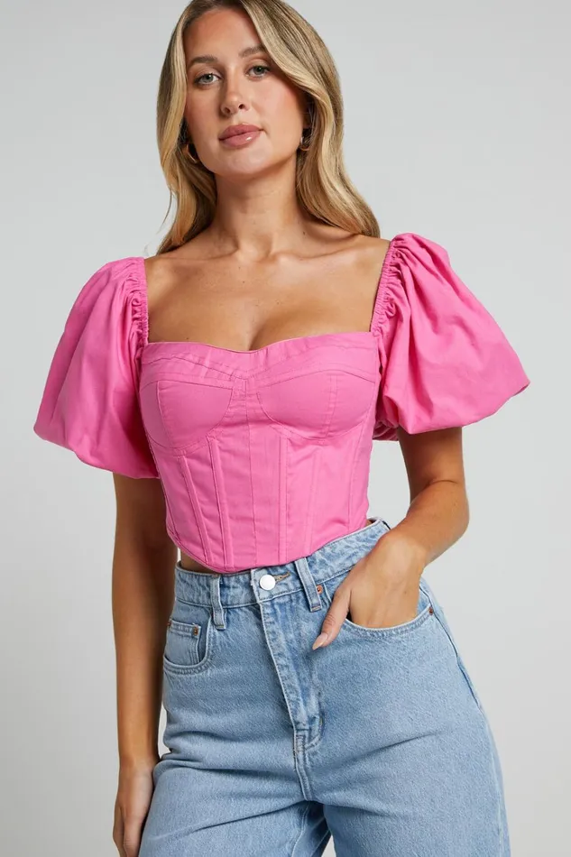 Estella Top 8211 Puff Sleeve Corset Bustier Top In Pink Women Showpo Curve Clothes