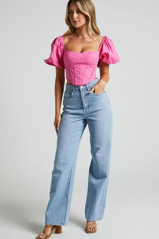 Estella Top 8211 Puff Sleeve Corset Bustier Top In Pink Women Showpo Curve Clothes