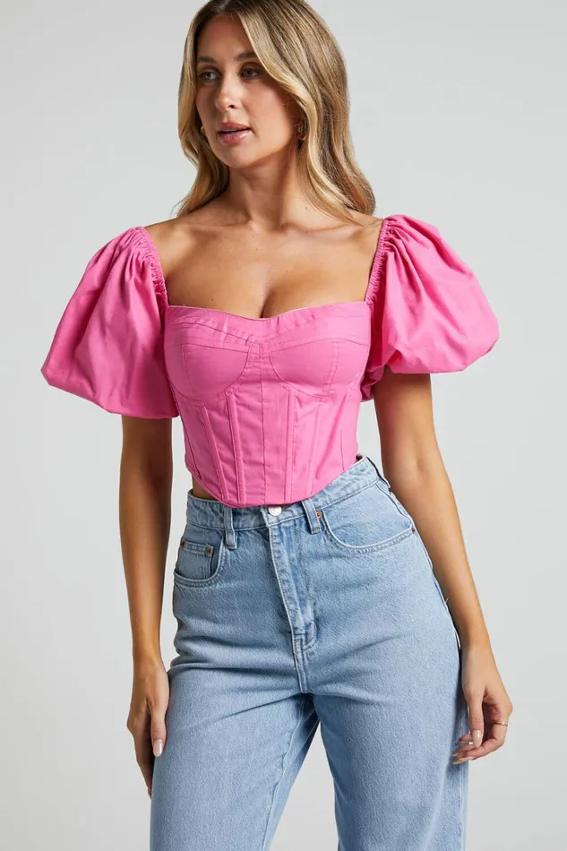 Estella Top 8211 Puff Sleeve Corset Bustier Top In Pink Women Showpo Curve Clothes