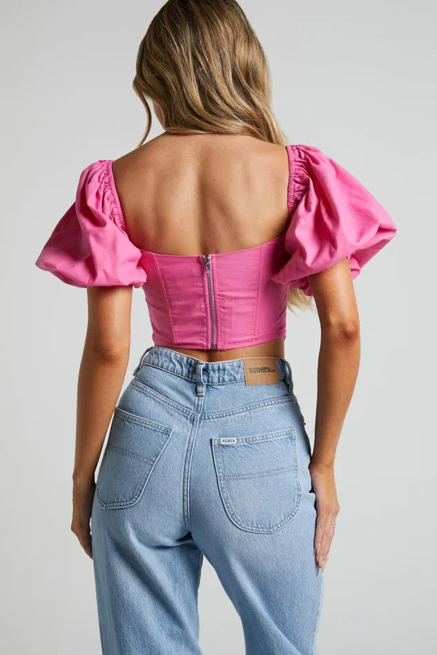 Estella Top 8211 Puff Sleeve Corset Bustier Top In Pink Women Showpo Curve Clothes