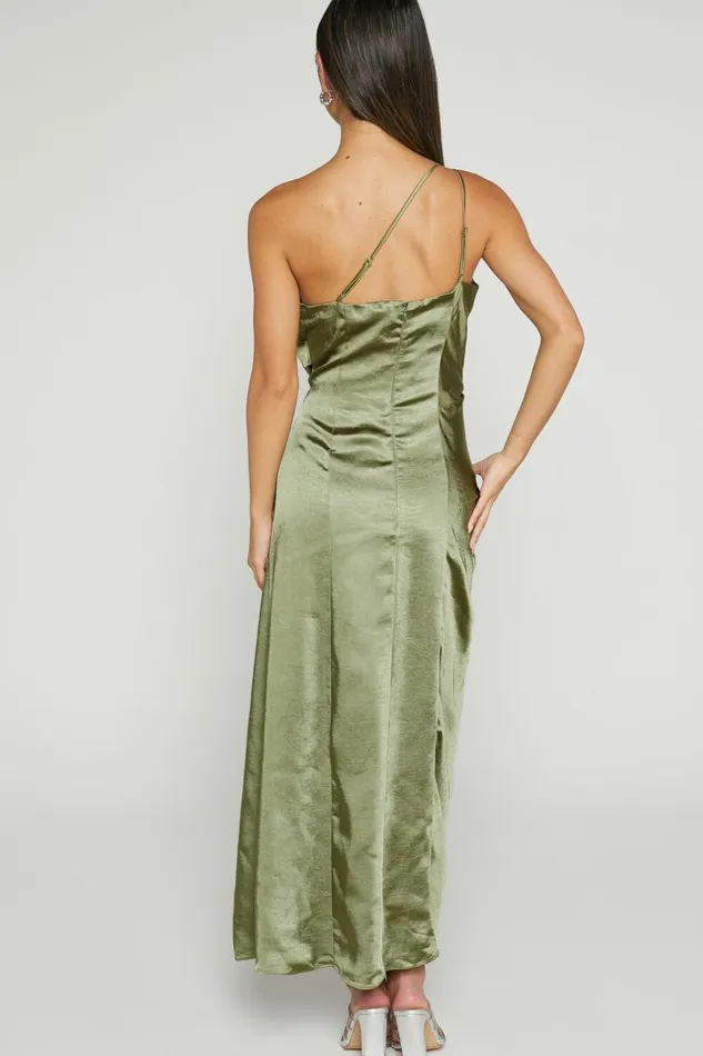 Estelle Midi Dress 8211 One Shoulder Thigh Split Dress In Olive Women Showpo Dresses