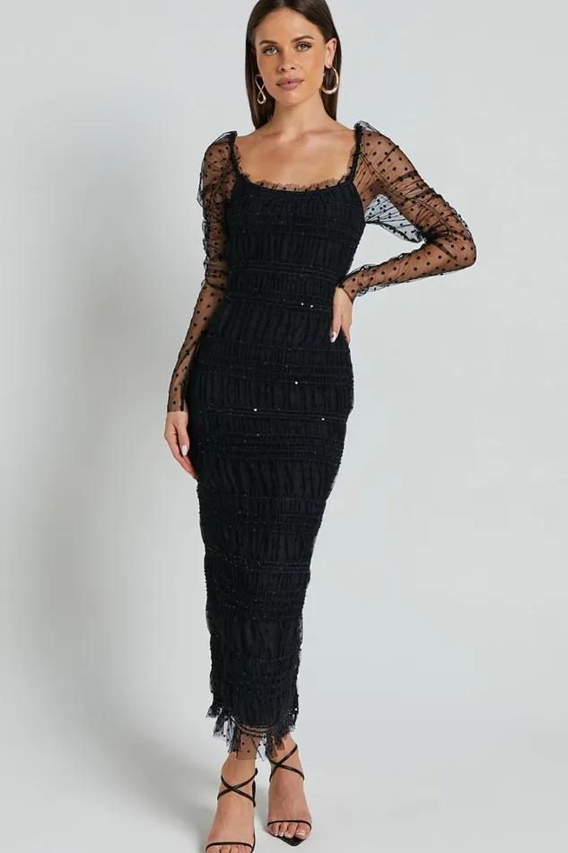 Evelyn Midi Dress 8211 Long Sleeve Shirred Tulle Dress In Black Polka Women Showpo Dresses Evelyn Midi Dress 8211 Long Sleeve Shirred Tulle Dress In Black Polka Women Showpo Dresses