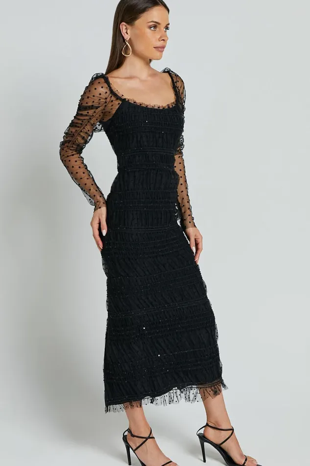 Evelyn Midi Dress 8211 Long Sleeve Shirred Tulle Dress In Black Polka Women Showpo Dresses