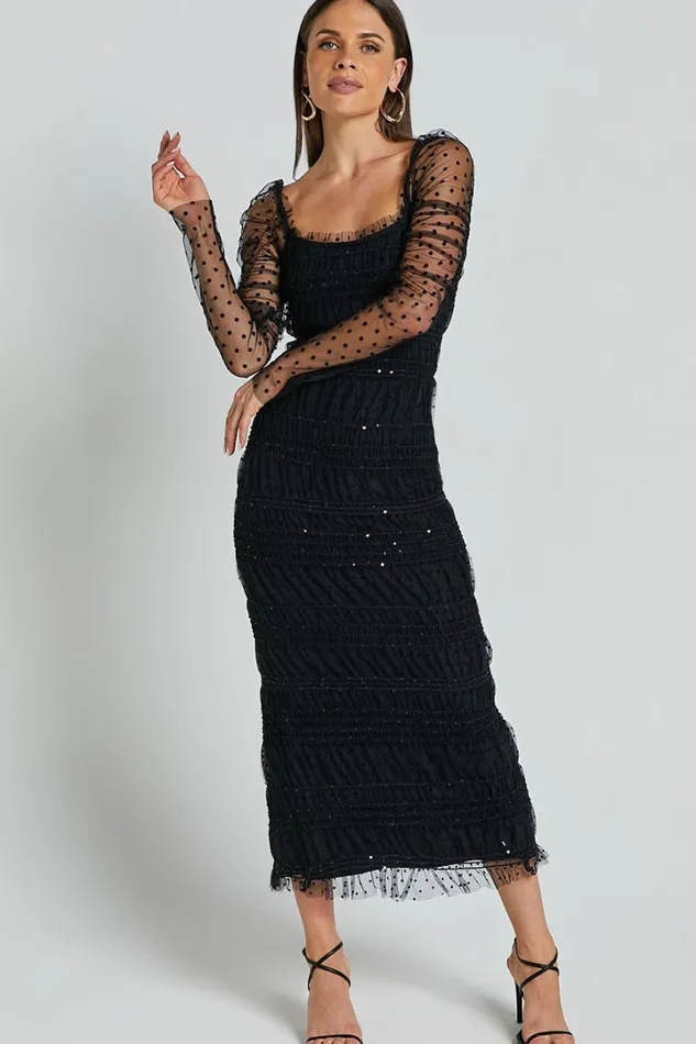 Evelyn Midi Dress 8211 Long Sleeve Shirred Tulle Dress In Black Polka Women Showpo Dresses