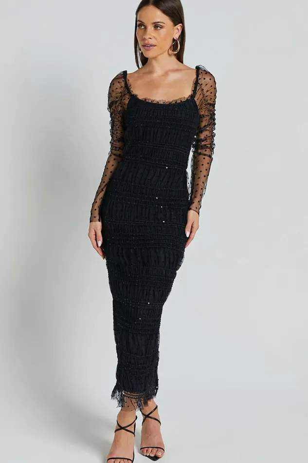 Evelyn Midi Dress 8211 Long Sleeve Shirred Tulle Dress In Black Polka Women Showpo Dresses