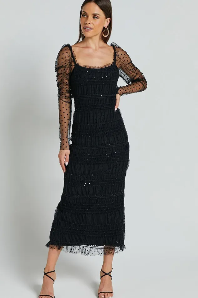 Evelyn Midi Dress 8211 Long Sleeve Shirred Tulle Dress In Black Polka Women Showpo Dresses