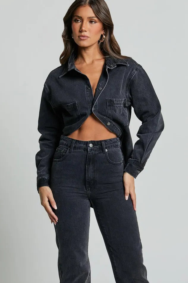 Faharra Shirt 8211 Recycled Cotton Denim Shirt In WASHED BLACK Women Showpo Curve Clothes