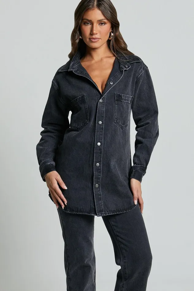 Faharra Shirt 8211 Recycled Cotton Denim Shirt In WASHED BLACK Women Showpo Curve Clothes