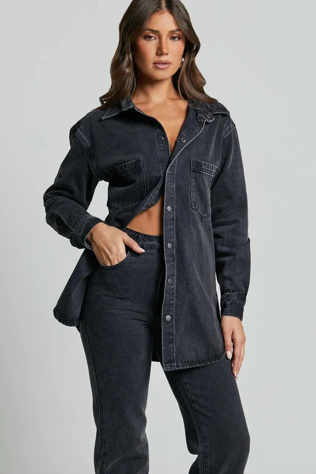 Faharra Shirt 8211 Recycled Cotton Denim Shirt In WASHED BLACK Women Showpo Curve Clothes