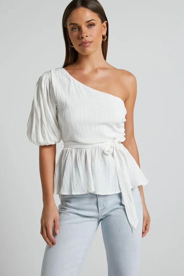 Feliah Top 8211 One Shoulder Puff Sleeve Waist Tie Top In Ivory Women Showpo Tops