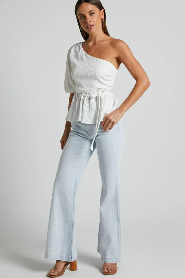 Feliah Top 8211 One Shoulder Puff Sleeve Waist Tie Top In Ivory Women Showpo Tops