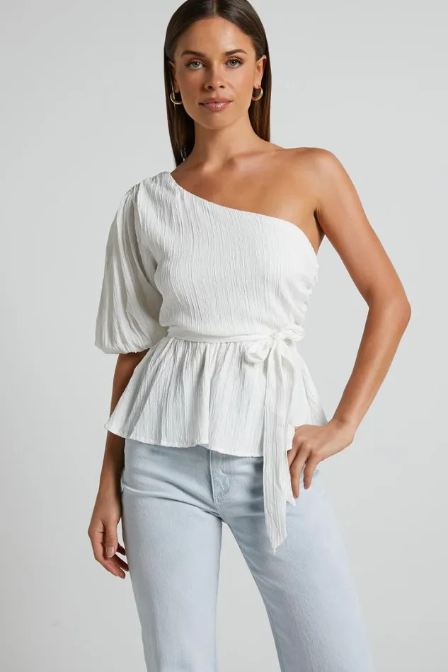 Feliah Top 8211 One Shoulder Puff Sleeve Waist Tie Top In Ivory Women Showpo Tops