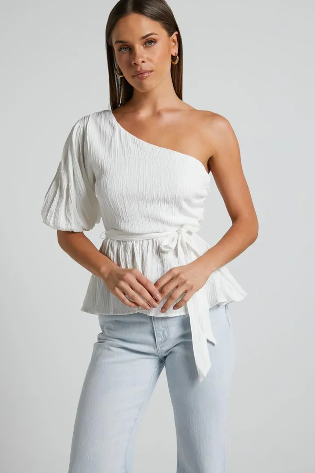 Feliah Top 8211 One Shoulder Puff Sleeve Waist Tie Top In Ivory Women Showpo Tops