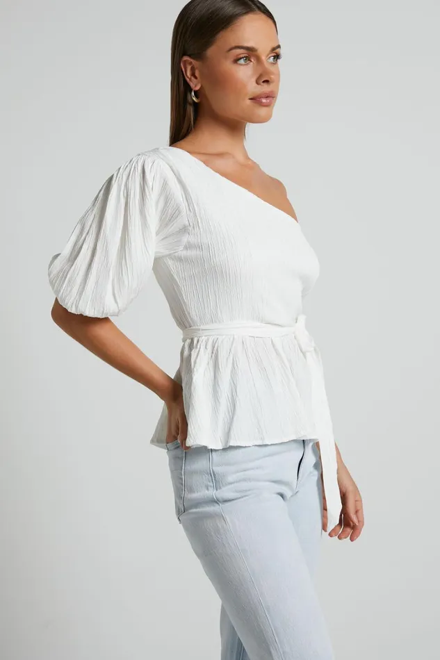Feliah Top 8211 One Shoulder Puff Sleeve Waist Tie Top In Ivory Women Showpo Tops